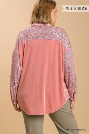 62 CP-A {Splash Of Luxury} "Umgee" Rose Sequined Velour Top PLUS SIZE XL 1X 2X