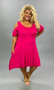 OS-A {Town Outing} Fuchsia Open Shoulder Dress W/Pockets PLUS SIZE 1X 2X 3X