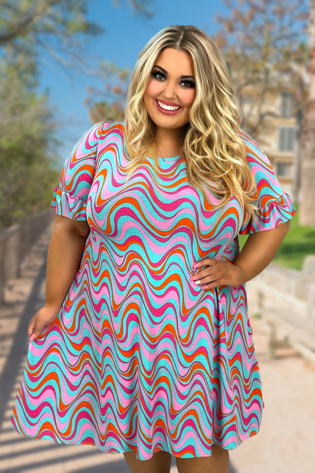 87 PSS-E {Seventies Inspired} Multi-Color Ruffle Sleeve Dress PLUS SIZE 1X 2X 3X