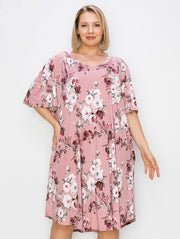 53 PSS-J {Waiting For You} Mauve Floral Print V-Neck Dress EXTENDED PLUS SIZE 3X 4X 5X