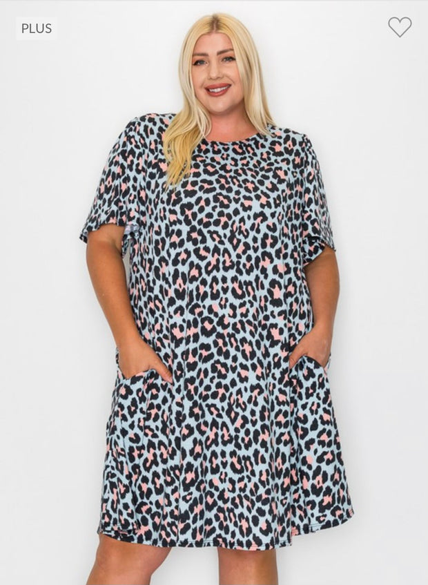 81 PSS-M {Bright Leopard} Blue Pink Leopard Print Dress EXTENDED PLUS SIZE 3X 4X 5X