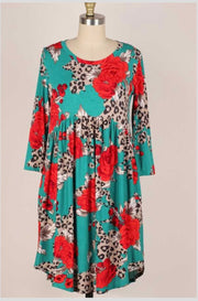 15 PQ-A {Stop The Show} Teal/Red Floral Babydoll Dress PLUS SIZE 1X 2X 3X  SALE!!!!