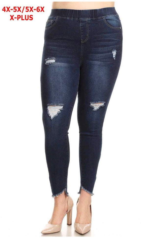 LEG-81  {How U Doing} Denim Blue Distressed Jeggings EXTENDED PLUS SIZE 4X/5X  5X/6X