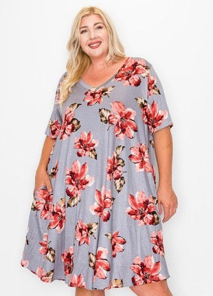 47 PSS-Y {What A Surprise}  SALE!! Grey/Red Floral V-Neck Dress EXTENDED PLUS SIZE 3X 4X 5X