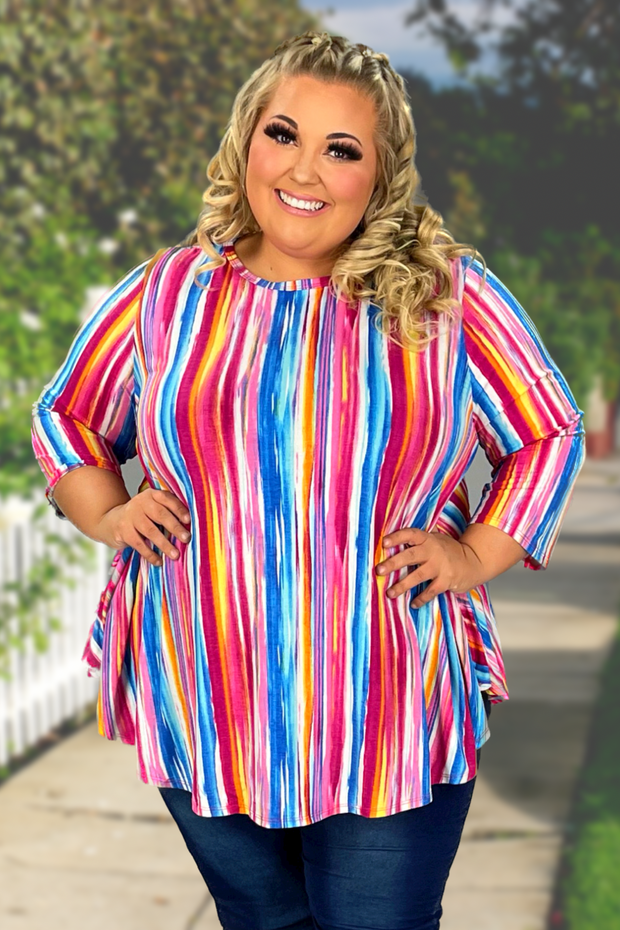 13 PQ-E {Make Today Great} Fuchsia Stripe Print Top EXTENDED PLUS SIZE 3X 4X 5X