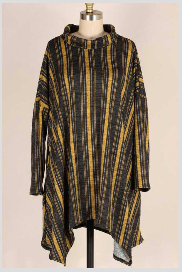 PQ-B {Time Together} Mustard Charcoal  Stripe Cowl Neck Tunic PLUS SIZE XL 2X 3X