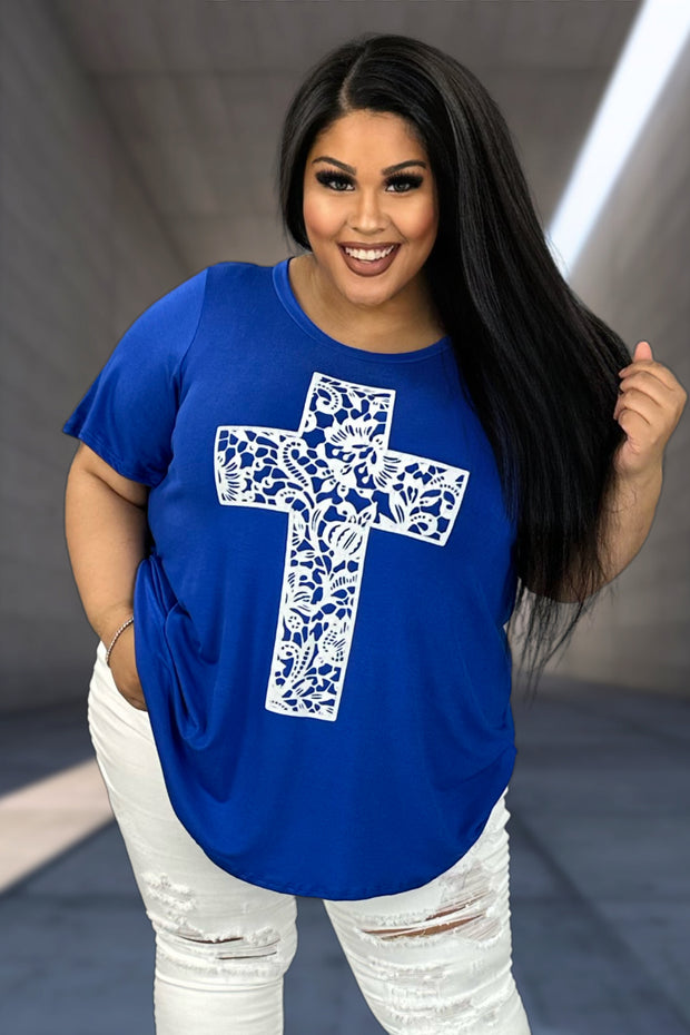 98 GT-C {In The Cross Is Life} Royal Blue Tunic w/Ivory Cross CURVY BRAND!!!  XL 2X 3X 4X 5X 6X