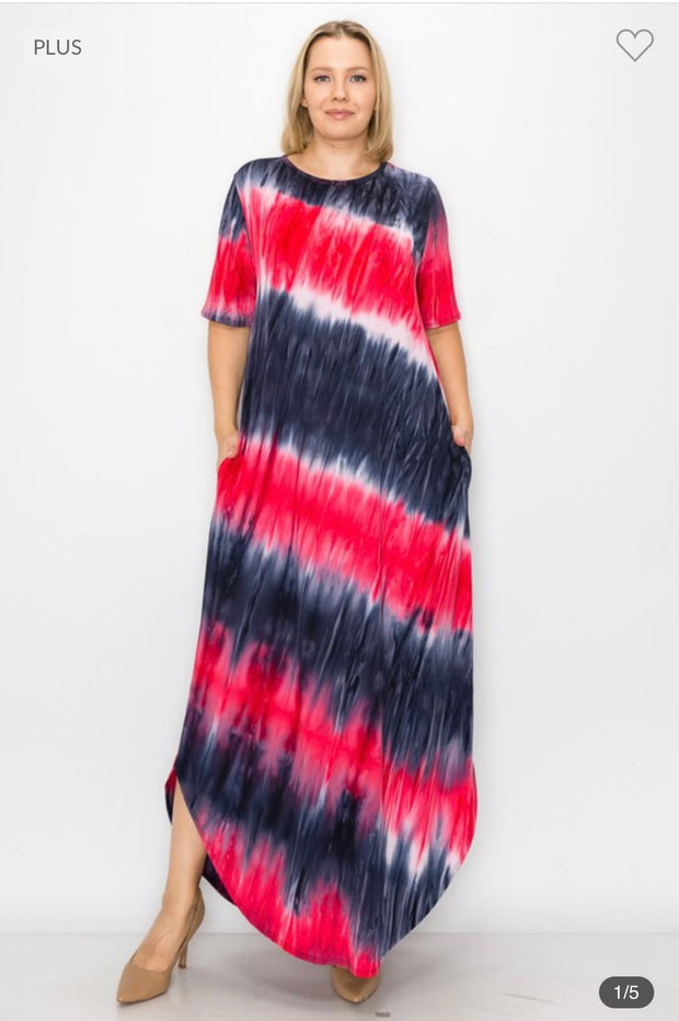 LD-K {Feeling Proud} Red Navy Tie Dye Dress PLUS SIZE 1X 2X 3X