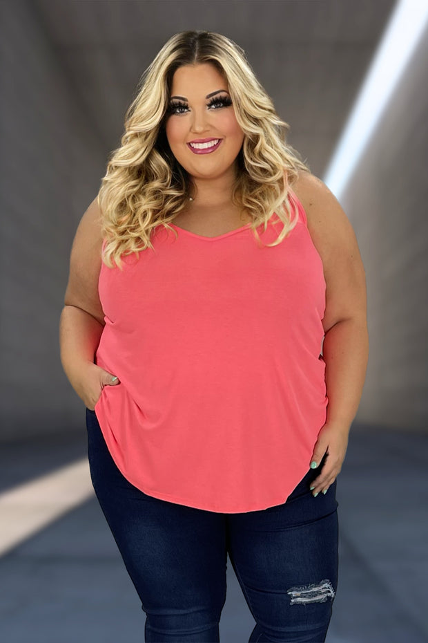 TANK {Beautiful Things} Neon Coral V-Neck Tank Top  PLUS SIZE 1X 2X 3X