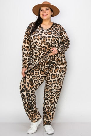 59 SET-C {Colder Days} Brown Leopard Fleece Top & Pant Set EXTENDED PLUS SIZE 3X 4X 5X