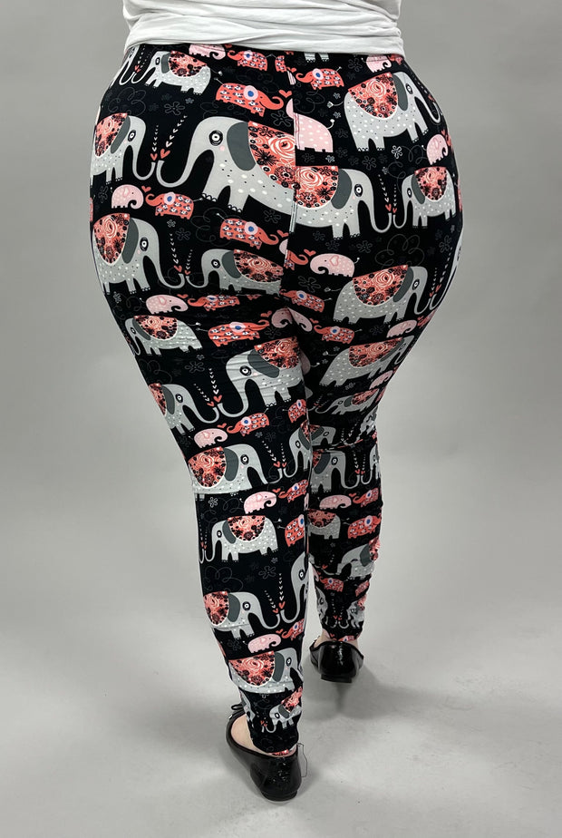 LEG-30 {Marching Elephants}  Elephant Printed Black Leggings EXTENDED PLUS SIZE