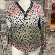 21 PLS-A {On Fire} Mauve Olive Ombre Leopard Button Top PLUS SIZE XL 2X 3X