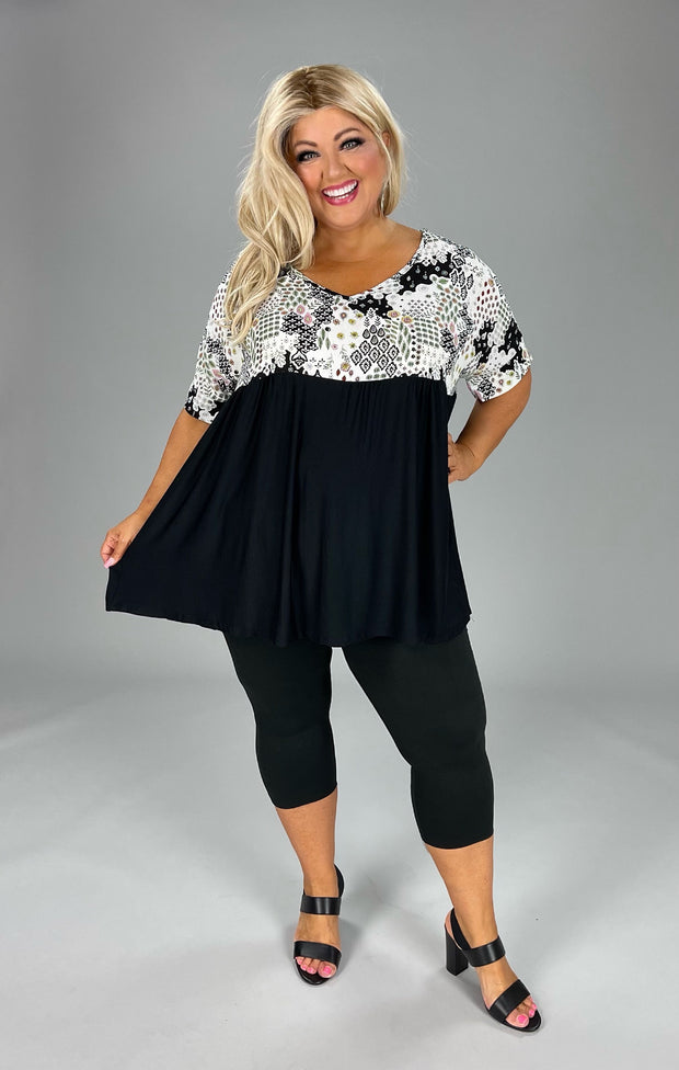 76 CP-C {Home Run} Black Printed Babydoll Top PLUS SIZE 1X 2X 3X