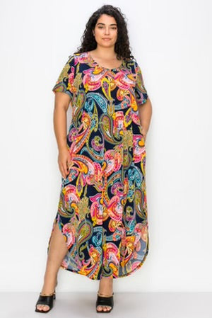 LD-M {Creative Mind} ***SALE***Navy Paisley Printed Maxi Dress EXTENDED PLUS 4X 5X 6X