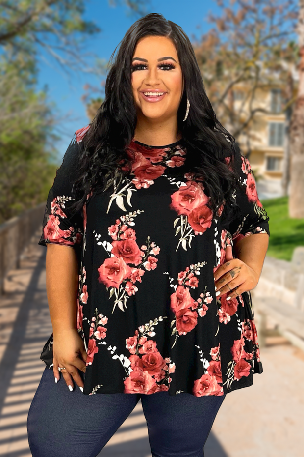 94 PSS-A {Created Beauty} SALE! Black/Red Floral Print Top EXTENDED PLUS SIZE 3X 4X 5X