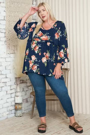 60 PQ-H {Force Of Nature} Dark Navy Floral Babydoll Top EXTENDED PLUS SIZE 3X 4X 5X