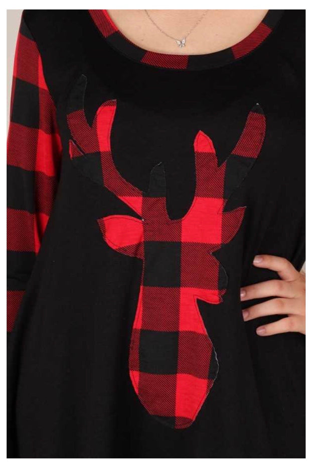 GT-A {Hello My Deer}  Black Red Plaid Deer Graphic Tunic PLUS SIZE XL 2X 3X