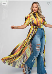 LD-C {Boujee Lady} Yellow Stripe Print Long Top PLUS SIZE 1X 2X 3X