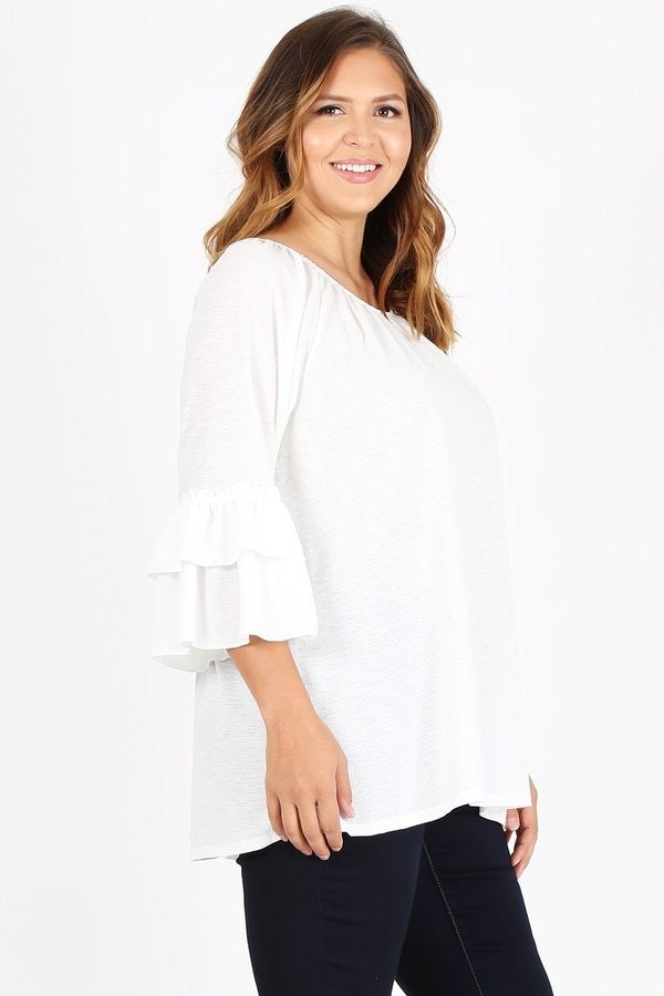 22 SQ-A {Endearing Heart} Ivory Ruffle Sleeve Top PLUS SIZE 1X 2X 3X