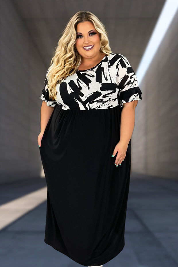 LD-W {Slay The World} Black/White Brush Stroke Maxi Dress EXTENDED PLUS SIZE 3X 4X 5X