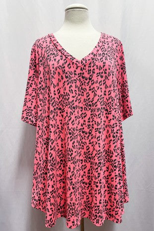 47 PSS {Off To A Good Start} Bright Pink Animal Print V-Neck Top EXTENDED PLUS SIZE 3X 4X 5X