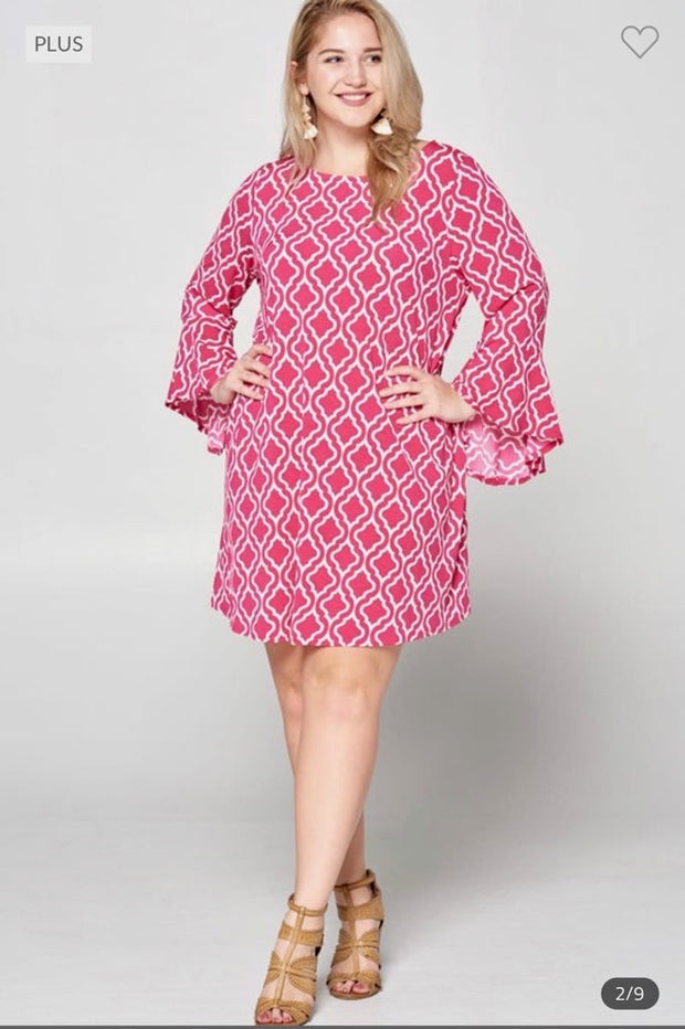 97 PQ-B {Sunday Best} Hot Pink Diamond Damask Print Dress PLUS SIZE 1X 2X 3X