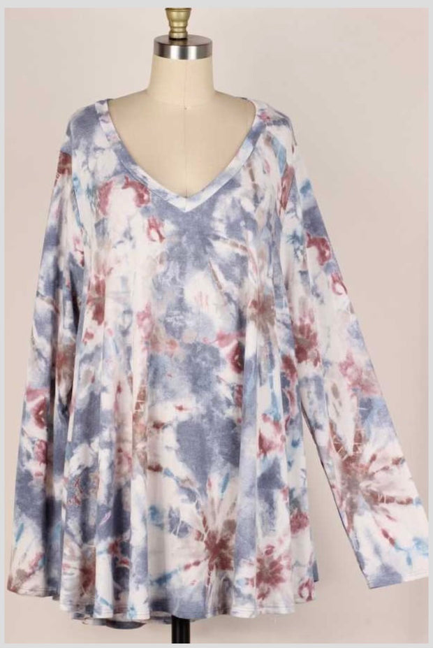 29 PLS-Y {Let Me Boogie} Dusty Blue Tie Dye V-Neck Top EXTENDED PLUS SIZE 3X 4X 5X