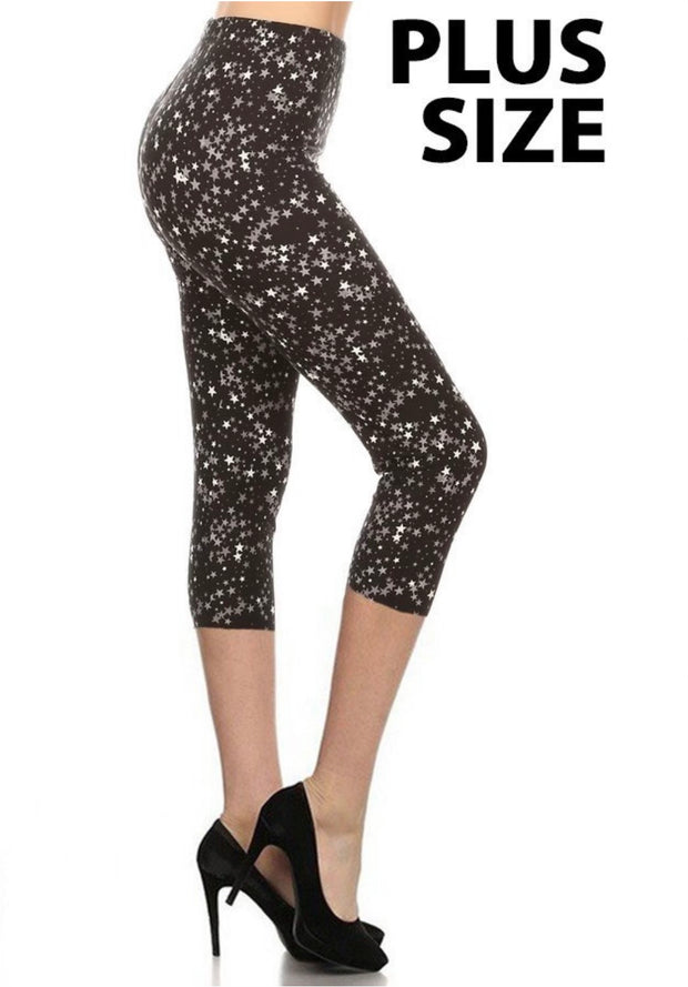 LEG-49 {Sky Life) Black Star Butter Soft Capri Leggings Plus Size