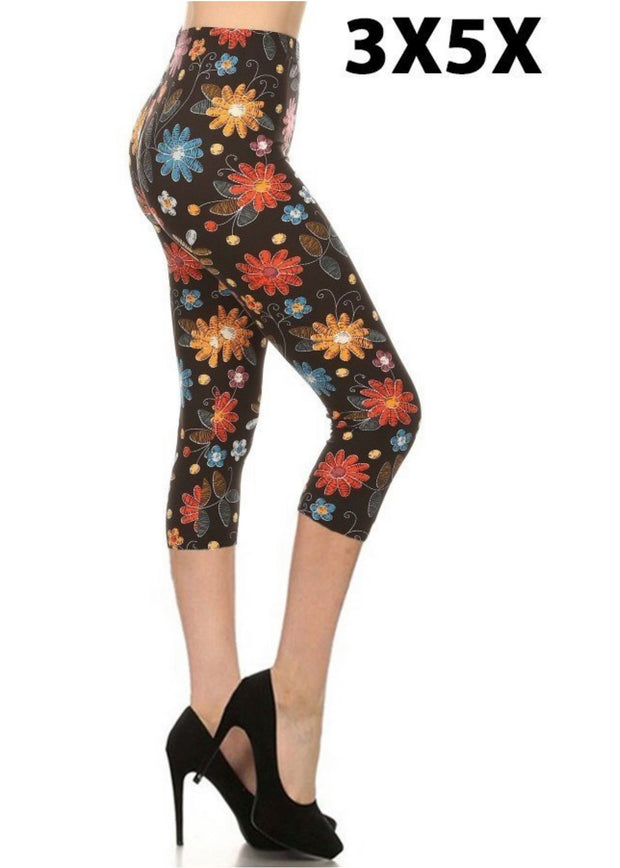 LEG-62 {Crazy Daisy} Multi Color Daisy Butter Soft Capri Leggings EXTENDED PLUS SIZE 3X/5X