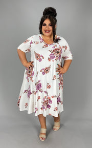 99 PSS-J {Illusion Of Bliss} Ivory Floral Print V-Neck Dress EXTENDED PLUS SIZE 3X 4X 5X