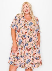 46 PSS-Z {Pics Of Paradise} Peach Floral V-Neck Dress EXTENDED PLUS SIZE 3X 4X 5X