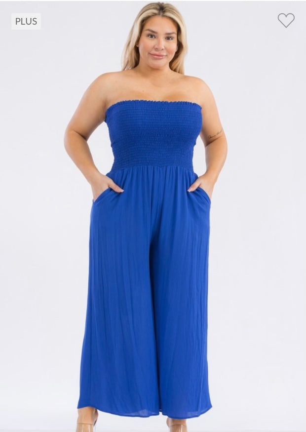 LD-A/M {Answers For You} Royal Blue Smocked Jumpsuit PLUS SIZE 1X 2X 3X