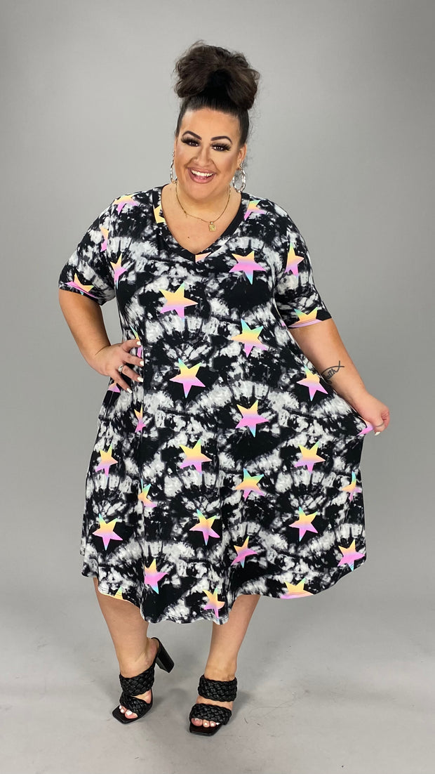 61 PSS-O {Star Of The Show} Black Tie Dye Star V-Neck Dress EXTENDED PLUS SIZE 3X 4X 5X