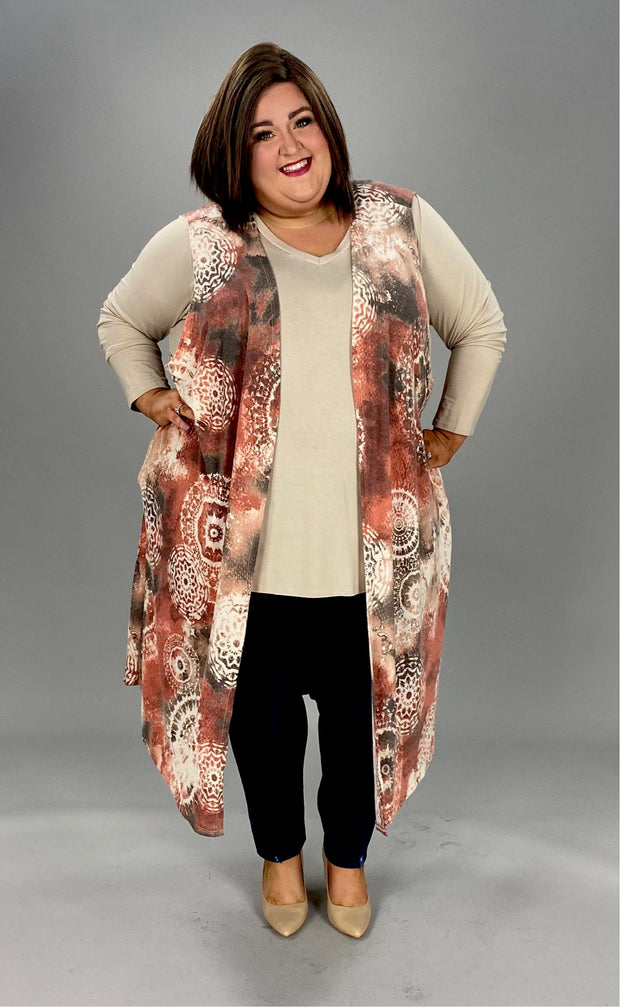 87 OT-T {Laughter And Love} Rust Print Long Vest W/Pockets EXTENDED PLUS SIZE 4X 5X 6X