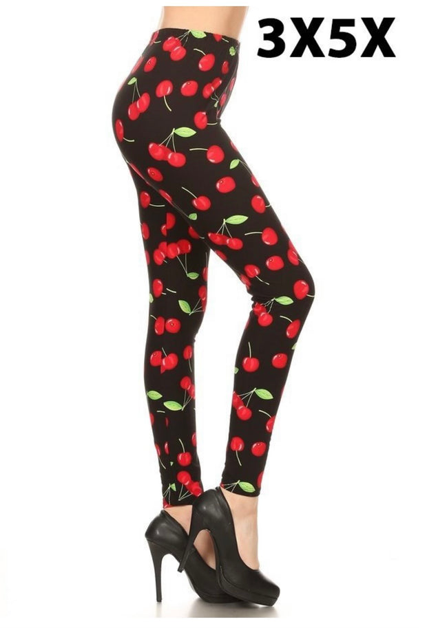 LEG-25 {Cherry On Top} Black Cherry Print Leggings EXTENDED PLUS SIZE 3X/5X