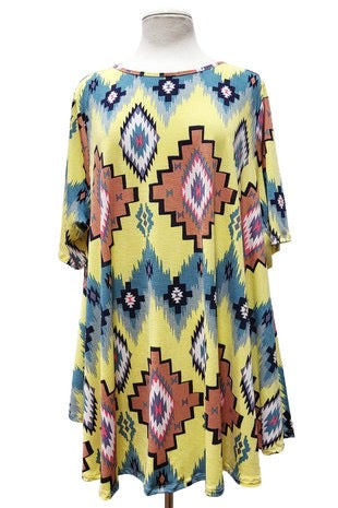 87 PSS-D {Call Me Back} Yellow Aztec Print Top EXTENDED PLUS SIZE 3X 4X 5X