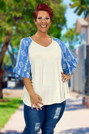 84 CP-E {Dreaming Of Love} Ivory/Denim Blue Print Top PLUS SIZE 1X 2X 3X