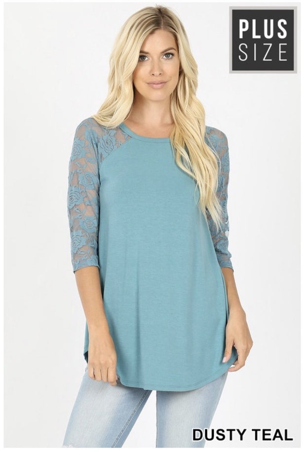 FLASH SALE!! 56 SQ-O {Lacey Faith} Dusty Teal Tunic w Lace Sleeves PLUS SIZE XL 2X 3X