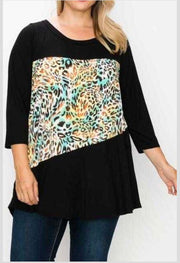 23 CP-D {Catch My Breath}  Black/Animal Print Top EXTENDED PLUS SIZE 1X 2X 3X 4X 5X 6X