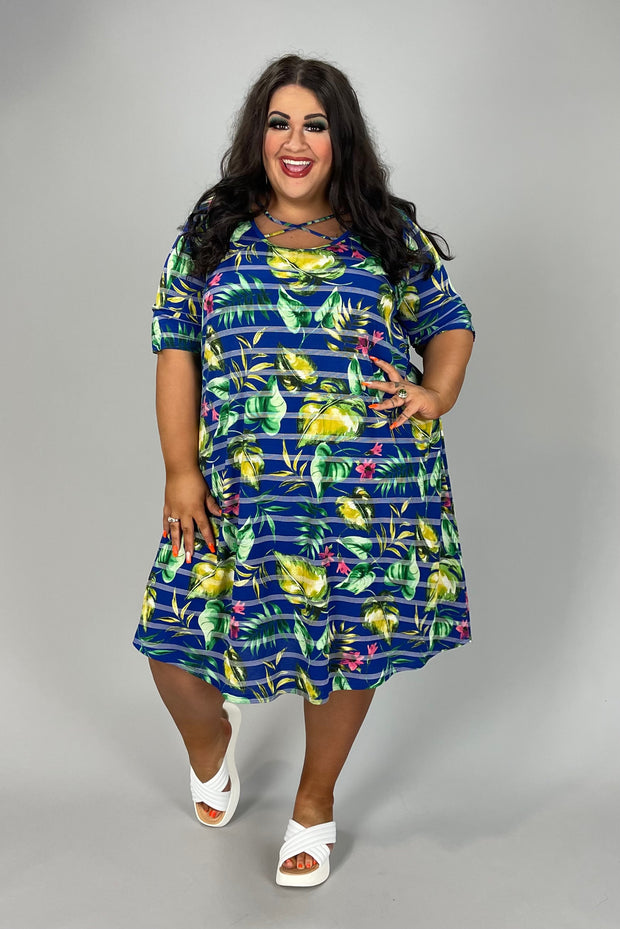 15 PSS-L {Dream On} Royal Blue Floral Criss-Cross Dress EXTENDED PLUS SIZE 3X 4X 5X