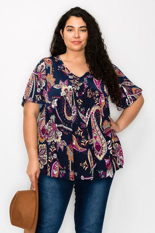 28 PQ-F {For The Love Of Curvy} Navy Paisley V-Neck Top CURVY BRAND!!!  EXTENDED PLUS SIZE 4X 5X 6X