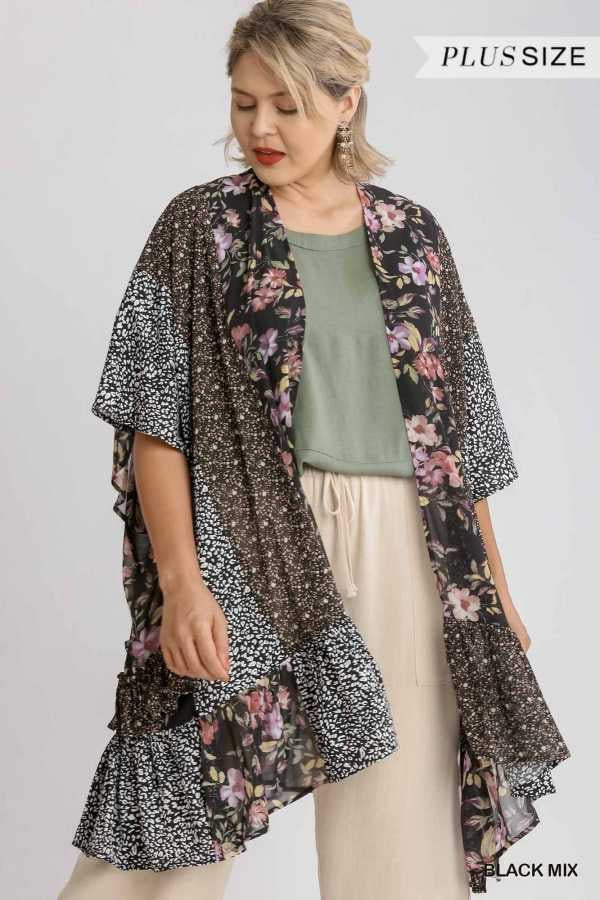 34 OT-L {I Am Here} Umgee Black Mulit-Print Kimono PLUS SIZE XL/1X  1X/2X