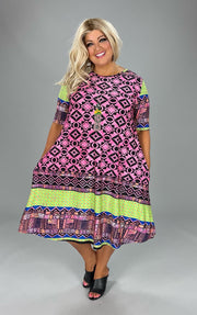 37 PSS-C {Now In Color} Pink/Multi-Color Printed Dress EXTENDED PLUS SIZE 3X 4X 5X