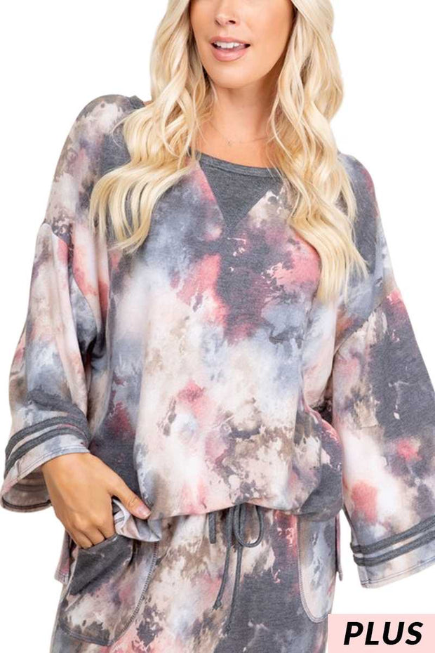 55 PSS-J {Fame Game} ***FLASH SALE***Charcoal Mauve Tie Dye Tunic PLUS SIZE XL 2X 3X