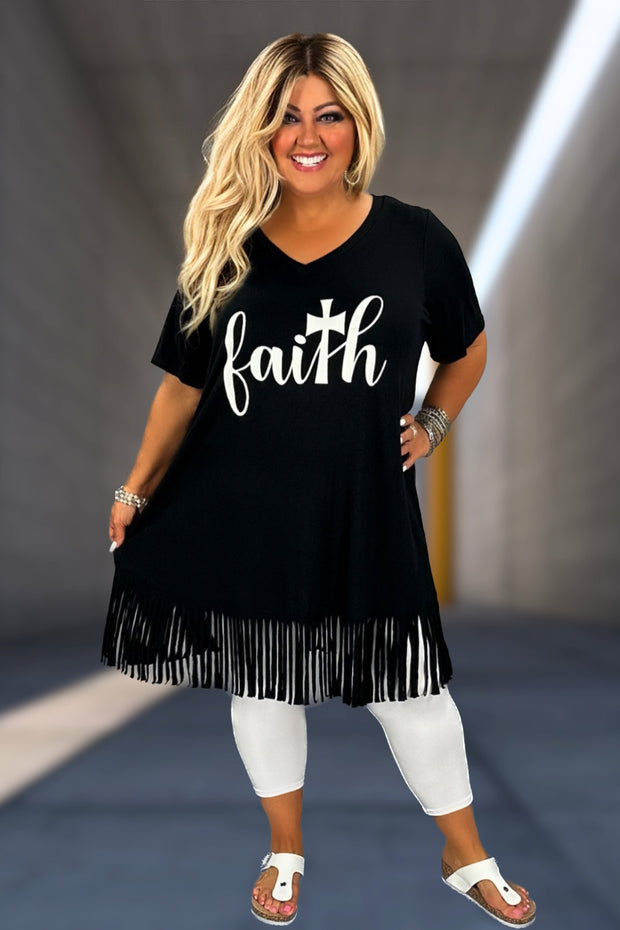 29 GT-A {Matthew 17:20}  Black "Faith" Fringed Tunic CURVY BRAND!!!  EXTENDED PLUS SIZE XL 2X 3X 4X 5X 6X