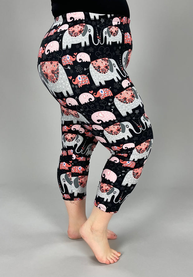 LEG-W {Elevating Elephants} Elephant Printed Butter Soft Capri Leggings EXTENDED PLUS SIZE 3X/5X