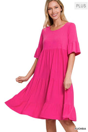 12 SSS-G {All The Buzz} Fuchsia Tiered Ruffle Sleeve Dress PLUS SIZE 1X 2X 3X