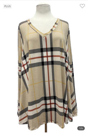 64 PLS-A {Any Day Now} Beige Plaid V-Neck Top EXTENDED PLUS SIZE 3X 4X 5X