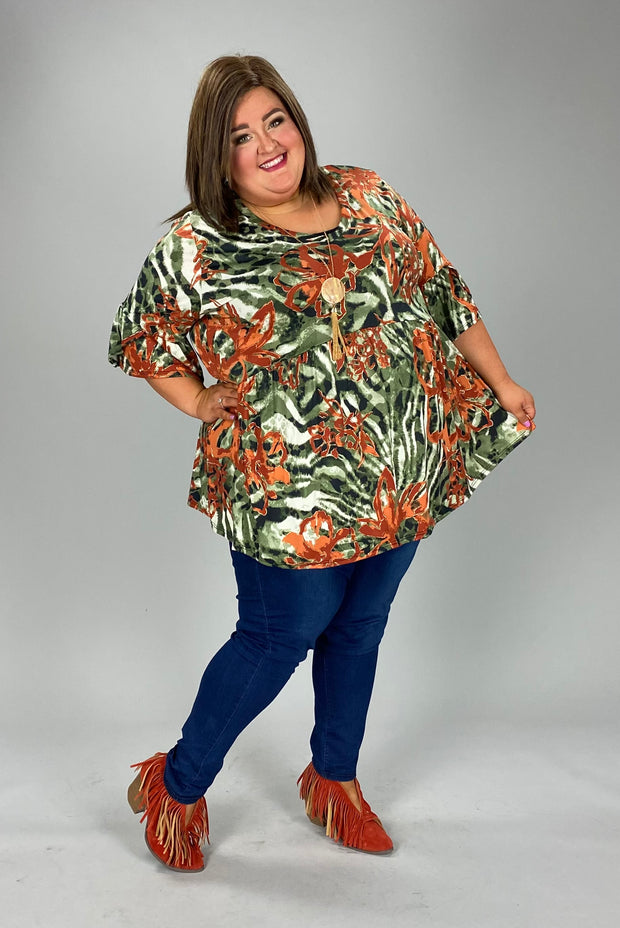 30 PQ-P {Olive Dreams} Olive Red Print Babydoll Top EXTENDED PLUS SIZE 3X 4X 5X