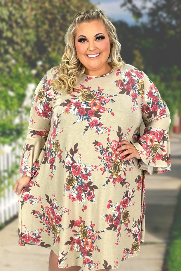 46 PSS-T {Only True Love} Taupe Red Floral Dress EXTENDED PLUS SIZE 3X 4X 5X